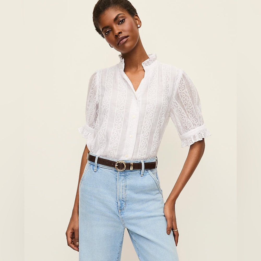 NWT  Ann Taylor White Lace-Trim Button Front Blouse